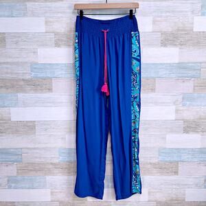 Vera Bradley Smocked Waist Wide Leg Challis Pants Blue Tassel Womens Small